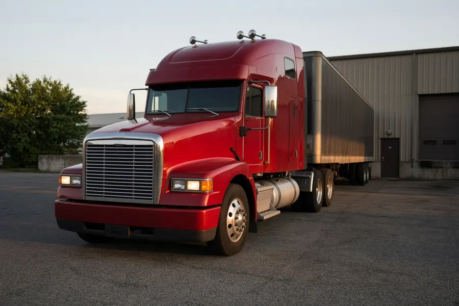 A red conventional-hood semi truck in late-day light.